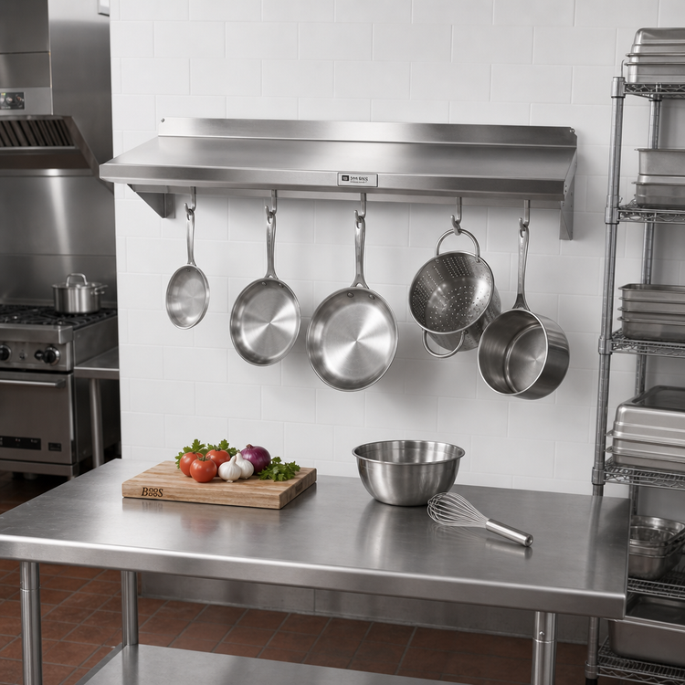 Product image #2 for John Boos Stallion 60-Inch Wall-Mount Stainless Steel Pot Rack Shelf, 18 Gauge, 5 Hooks