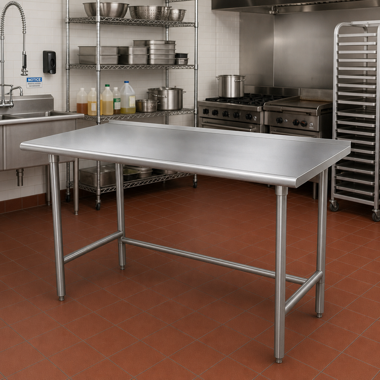 Product image #2 for Advance Tabco 72 Inch x 36 Inch 16-Gauge 430 Stainless Steel Top Work Table with Galvanized Open Base and 1-1/2 Inch Rear Up-Turn