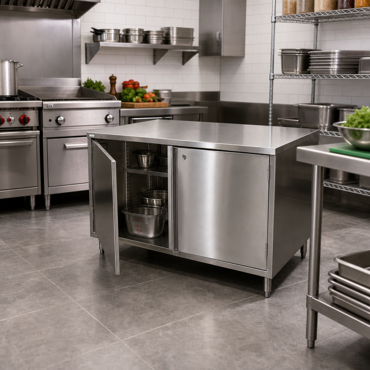 Product image #2 for BK Resources Dual-Access Stainless Steel Chef Table Cabinet Base with Locking Hinged Doors, 30 x 30 Inches