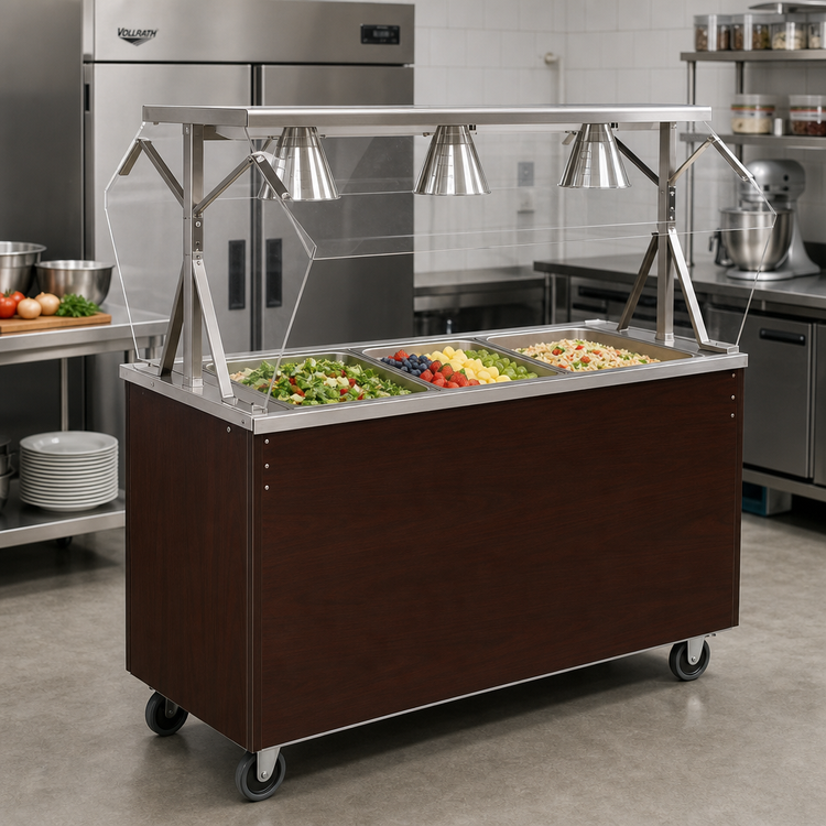 Product image #2 for Vollrath 2-Series Affordable Portable 46-Inch 3-Pan Non-Refrigerated Cold Food Station with Cherry Woodgrain Storage Base, Buffet Breath Guard, and Locking Casters