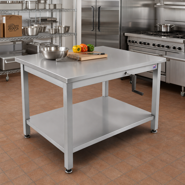 Product image #2 for John Boos ADA Hydraulic Lift Work Table, 72" x 30", Adjustable 32"-40", 16-Gauge 300 Series Stainless Steel Flat Top
