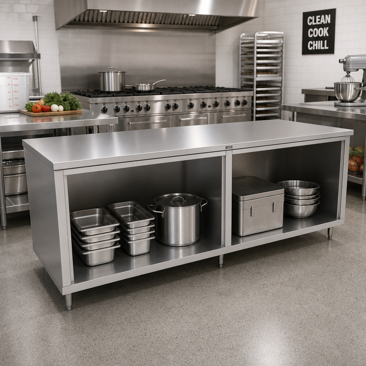 Product image #2 for John Boos Open Front Cabinet Base Work Table with 16-Gauge Stainless Steel Top, 108 x 36 Inches