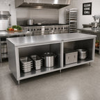 Thumbnail image #2 for John Boos 4CO6-36108 Open Front Stainless Steel Work Table, 108 x 36 Inches, 16-Gauge 300 Series Top, Stallion Safety Edge