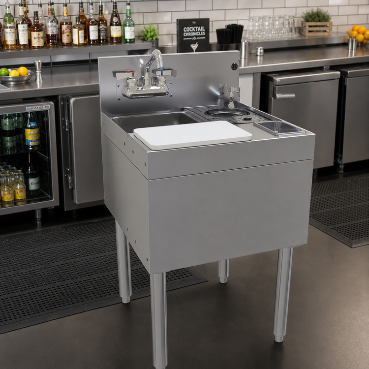 Product image #2 for Glastender Freestanding Underbar Mixology Unit with 1-Compartment Sink, Rinser Faucet, Tool Well and Cutting Board, 20 Inch Wide