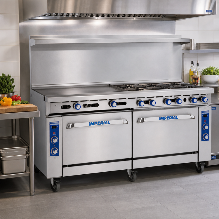 Product image #2 for Imperial Pro Series IR-8-G24-XB 72-Inch Gas Restaurant Range with 8 Open Burners, 24-Inch Griddle, Standard Oven & Cabinet Base