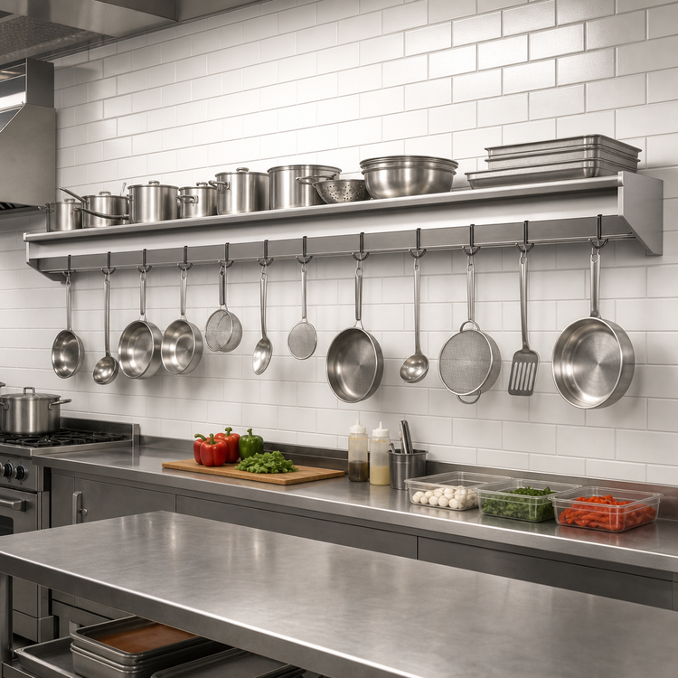 Product image #2 for Eagle Group Wall-Mounted Stainless Steel Pot Rack Shelf, 132-Inch W x 12-Inch D, with 11 Hooks
