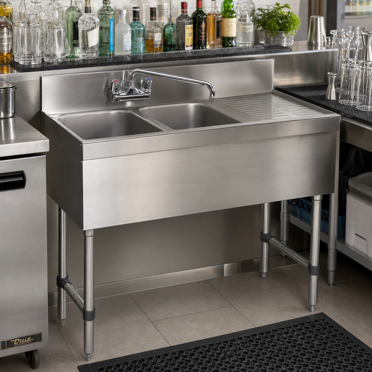 Product image #2 for Advance Tabco Special Value Series 48-Inch 2-Compartment Stainless Steel Underbar Bar Sink with Right Drainboard and Splash-Mount Faucet