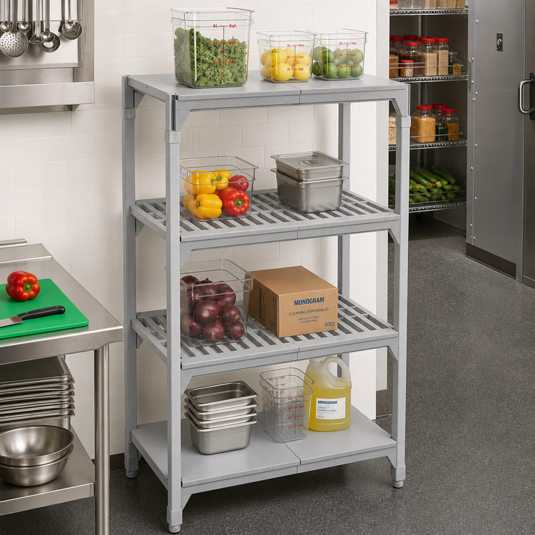 Product image #3 for Cambro Camshelving Premium 24" x 24" 4-Shelf Vented and Solid Polymer Shelf Kit, Speckled Gray