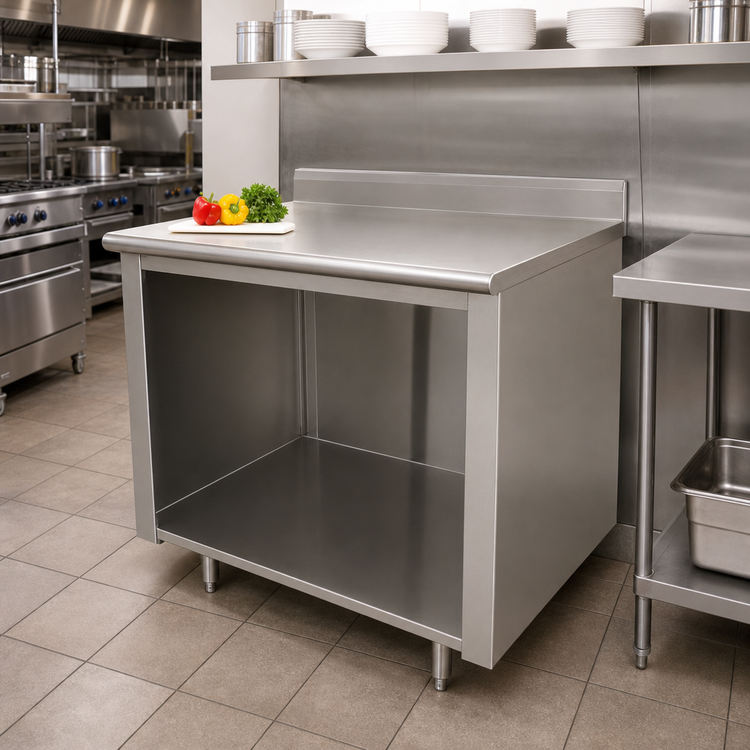 Product image #2 for Advance Tabco 48 Inch x 24 Inch 14 Gauge 304 Stainless Steel Work Table with 5 Inch Backsplash and Open Front Cabinet Base
