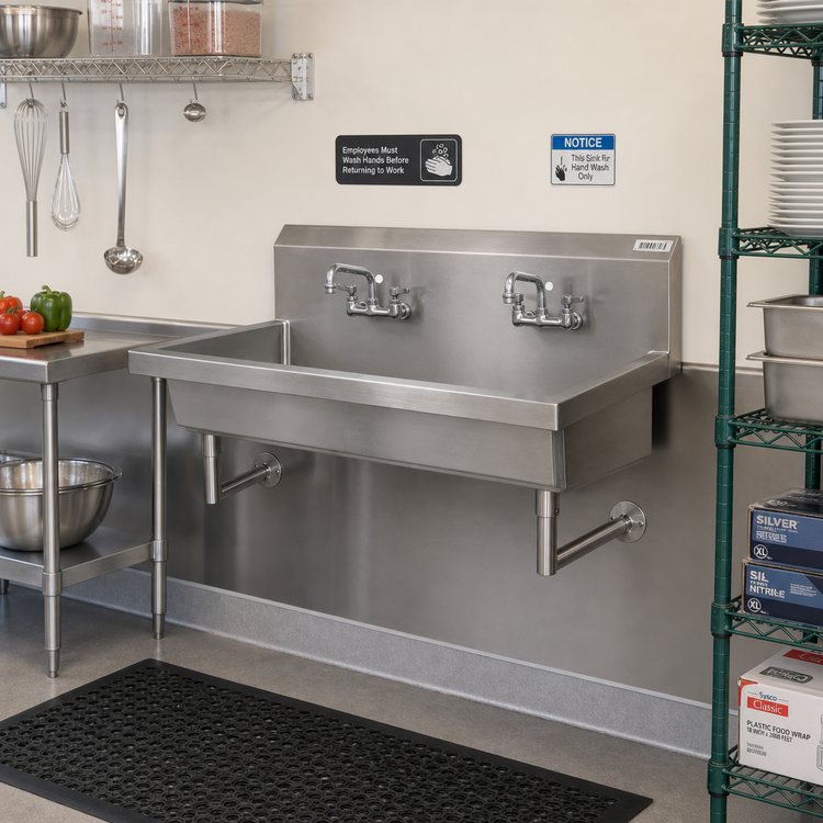 Product image #2 for BK Resources 48-Inch Wall-Mounted Two-Station Stainless Steel Handwash Sink with 8-Inch Deep Bowl