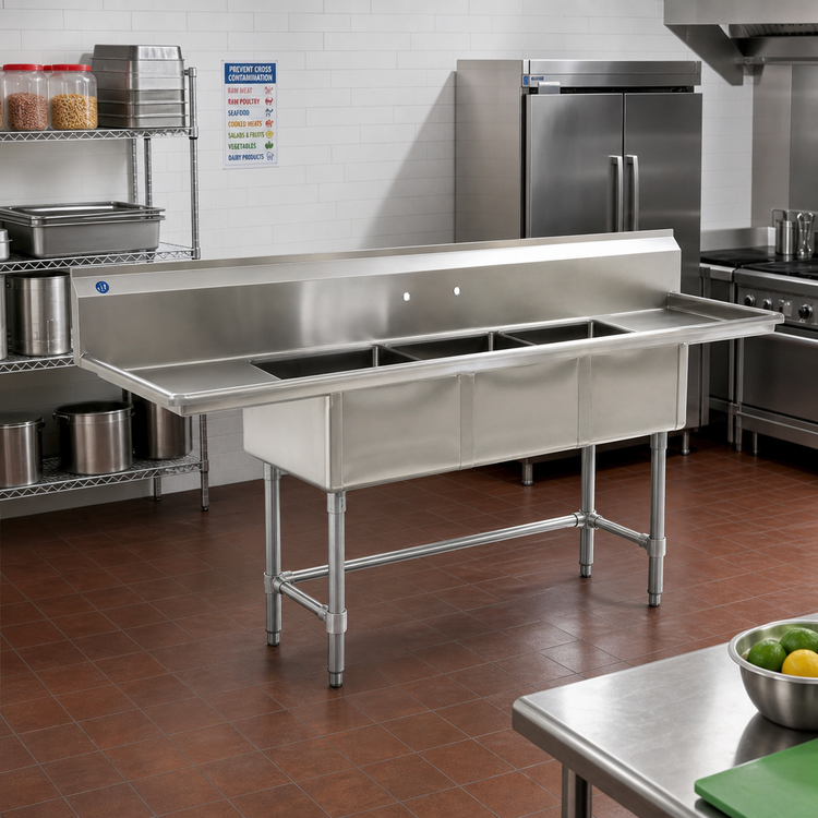 Product image #2 for BlendPort BPFC Series Freestanding 3-Compartment Sink with Left Drainboard, 15 x 15 Inch Bowls
