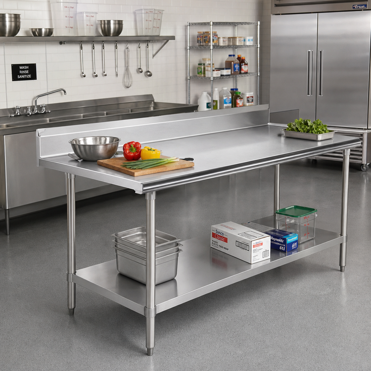 Product image #2 for Advance Tabco SKG-3612 16-Gauge 430 Stainless Steel Work Table with 5-Inch Backsplash and Adjustable Undershelf, 144 x 36 Inches