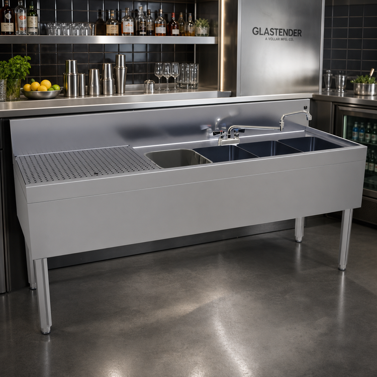 Product image #2 for Glastender Four-Compartment Stainless Steel Underbar Sink Unit with Left Drainboard, 72" W x 24" D
