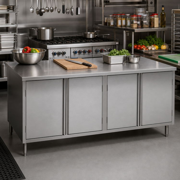 Product image #2 for BK Resources 96-Inch Stainless Steel Chef Table with Cabinet Base and Hinged Doors