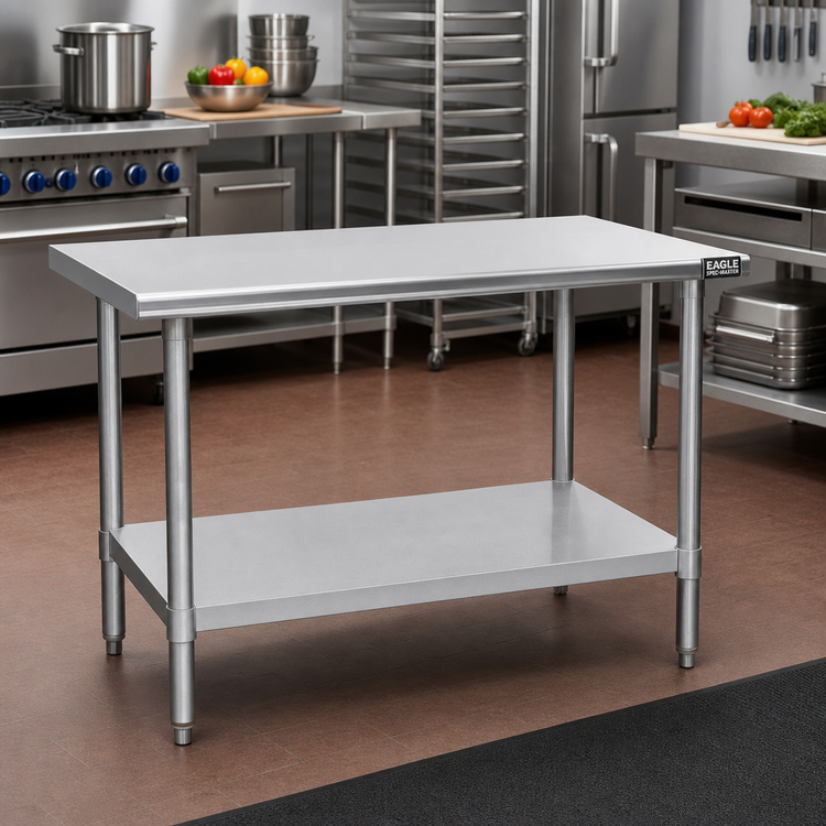 Product image #2 for Eagle Spec-Master T2430E 30"W x 24"D 14-Gauge 300 Series Stainless Steel Flat Top Work Table with Galvanized Base and Adjustable Undershelf
