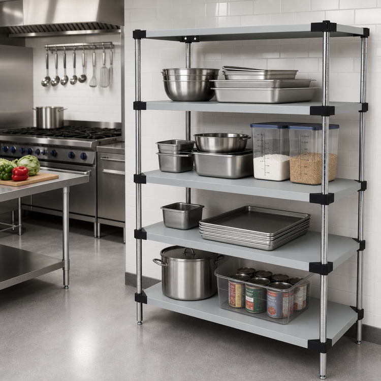 Product image #2 for Quantum Solid Shelving Starter Kit with 4 Solid Shelves, 72" x 14" x 86", 304 Stainless Steel