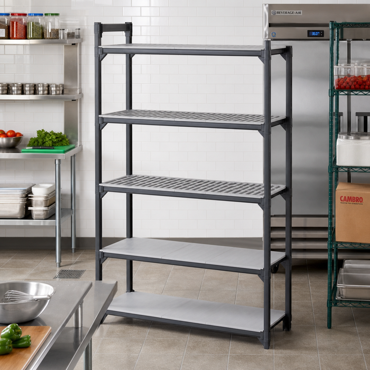Product image #2 for Cambro Camshelving Basics Plus 18" x 48" 5-Shelf Stationary Shelf Kit with Vented and Solid Shelf Plates, Brushed Graphite