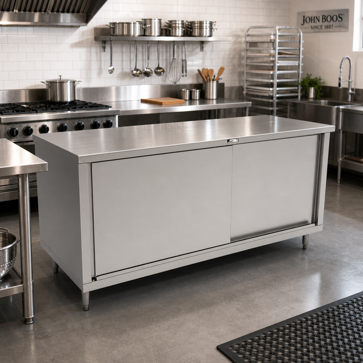 Product image #2 for John Boos 84-Inch x 24-Inch Stainless Steel Cabinet Base Work Table with Sliding Doors