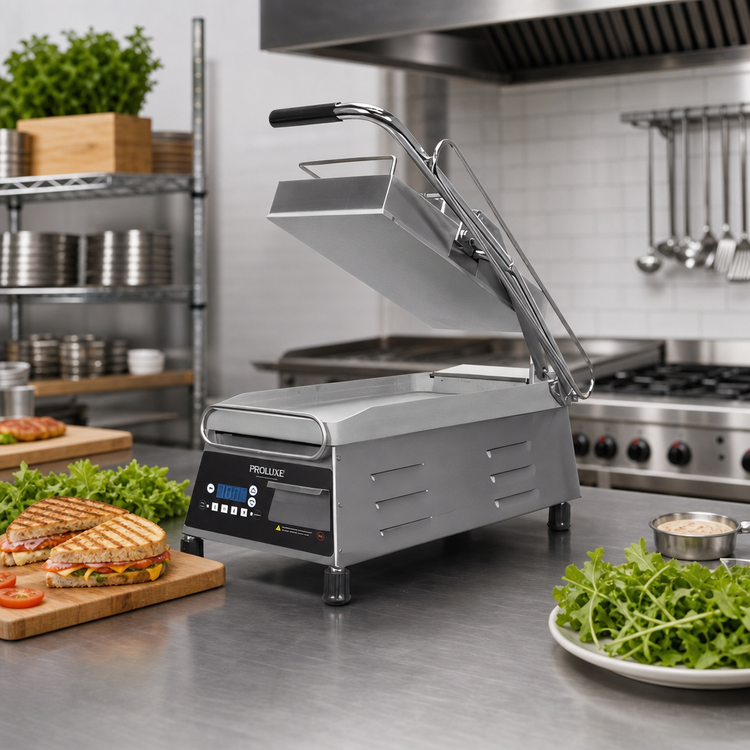 Product image #2 for Proluxe CS157 Compact Clamshell Commercial Panini Press with 7 x 15-Inch Smooth Top and Bottom Plates