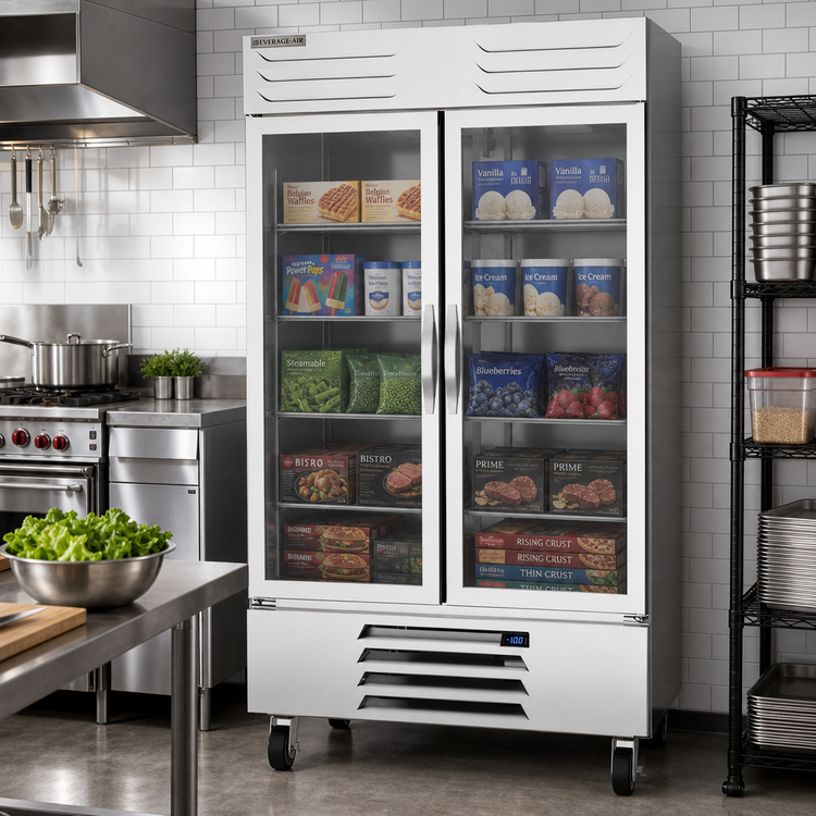 Product image #2 for Beverage-Air Vista® Series Two-Section Glass Door Reach-In Freezer, 44 Cu. Ft., Bottom-Mount Self-Contained, R290
