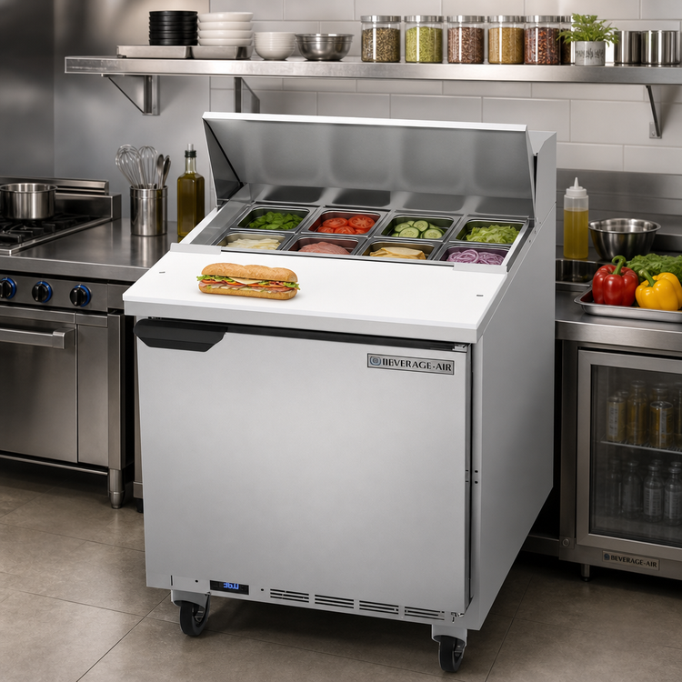 Product image #3 for Beverage-Air SPE27HC-B 27-Inch 1-Door Sandwich Prep Table Refrigerator with 8-Pan Top and 10-Inch Cutting Board