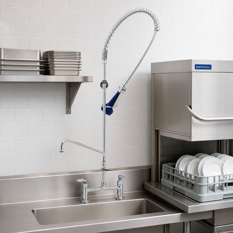 Product image #2 for EasyInstall Deck-Mount Pre-Rinse Unit with Spring-Action Gooseneck, 6 Inch Add-On Faucet, and 1.07 GPM Spray Valve