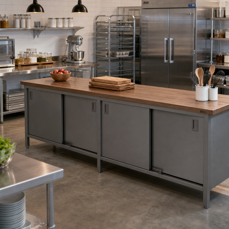Product image #2 for John Boos 132-Inch Wood Top Work Table with Enclosed Cabinet Base and Sliding Doors, 24-Inch Deep