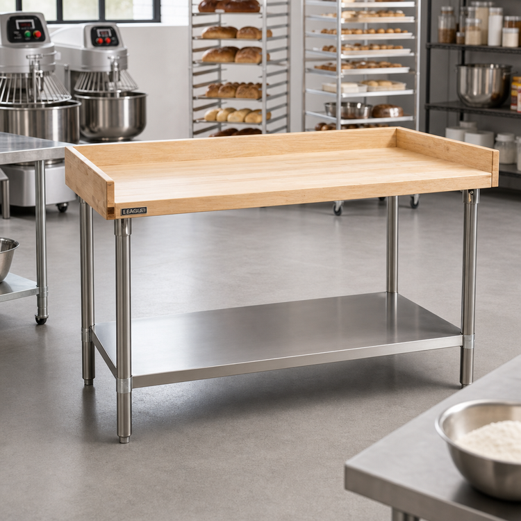 Product image #2 for Eagle Group 60-Inch x 30-Inch Baker's Top Work Table with 1-3/4-Inch Hardwood Top, 4-Inch Splash, and Undershelf