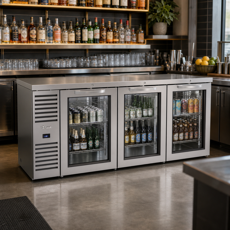 Product image #2 for True Premier Bar 84-Inch Three-Section Pass-Thru Refrigerated Back Bar Cooler with 6 Glass Doors
