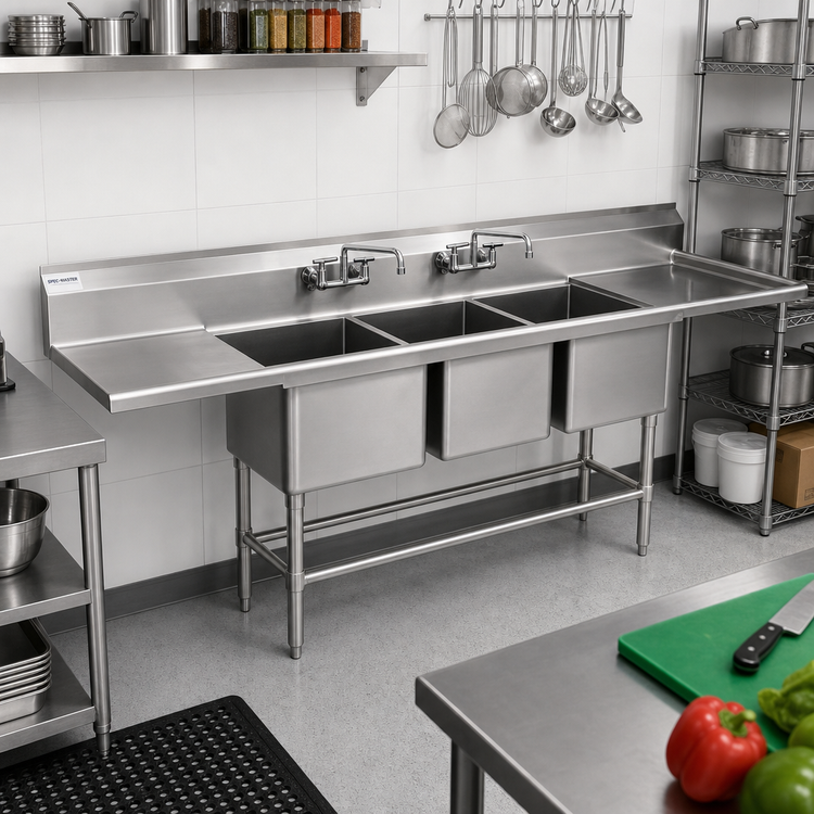 Product image #2 for Spec-Master 14-Gauge Stainless Steel Three-Compartment Sink with 18-Inch Left-Hand Drainboard, 85-1/2 Inch W x 27 Inch D