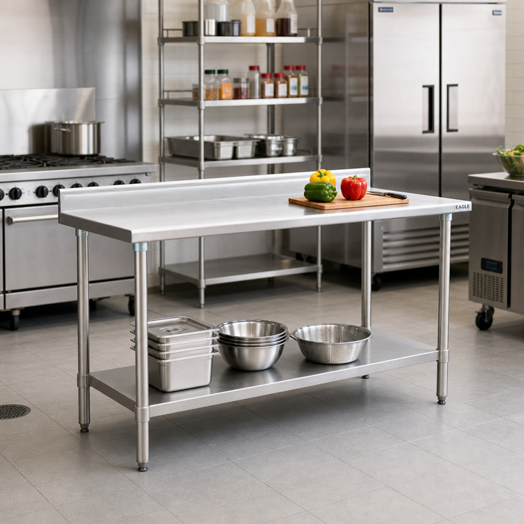 Product image #2 for Eagle Group Budget Series 48"W x 30"D 430 Stainless Steel Work Table with 4-1/2" Backsplash and Adjustable Undershelf