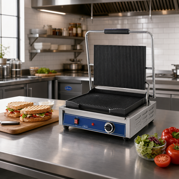 Product image #2 for Globe GPG1410 Commercial Countertop Panini Grill, 14 x 10-Inch Grooved Cast Iron Plates