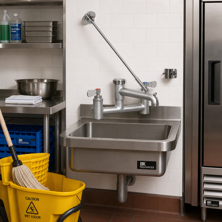 Product image #2 for BK Resources WorkForce Splash-Mounted Mop Sink Service Faucet with Vacuum Breaker, Bucket Holder and Wall Bracket