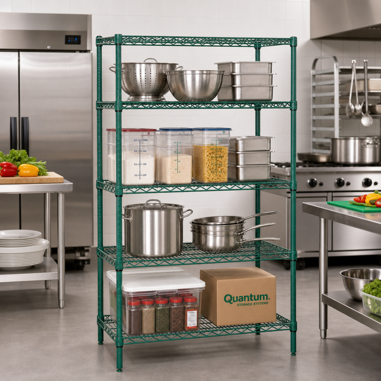 Product image #2 for Quantum 36"W x 36"D x 54"H Wire Shelving Starter Kit, 4 Shelves, Green Epoxy Antimicrobial Finish, 600-800 lb Capacity