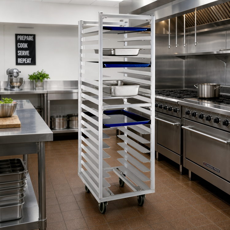Product image #2 for Universal 64-Inch High Wide-Angle Roll-In Refrigerator/Proofer Rack for 18 Full-Size Pans, Open Frame Aluminum