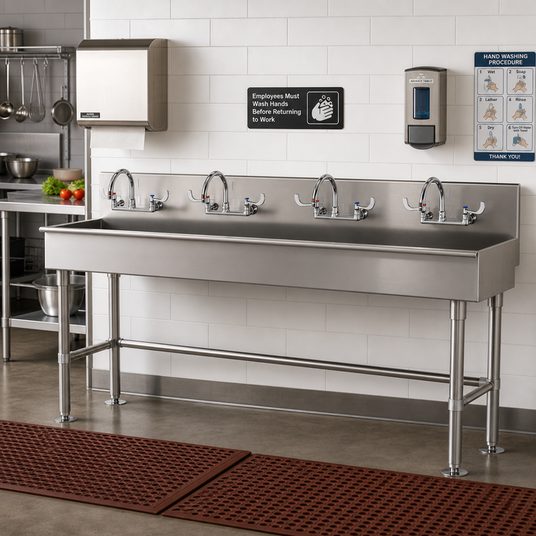 Product image #2 for Advance Tabco 80-Inch ADA Multiwash Hand Wash Sink with 4 Faucets and Stainless Steel Legs