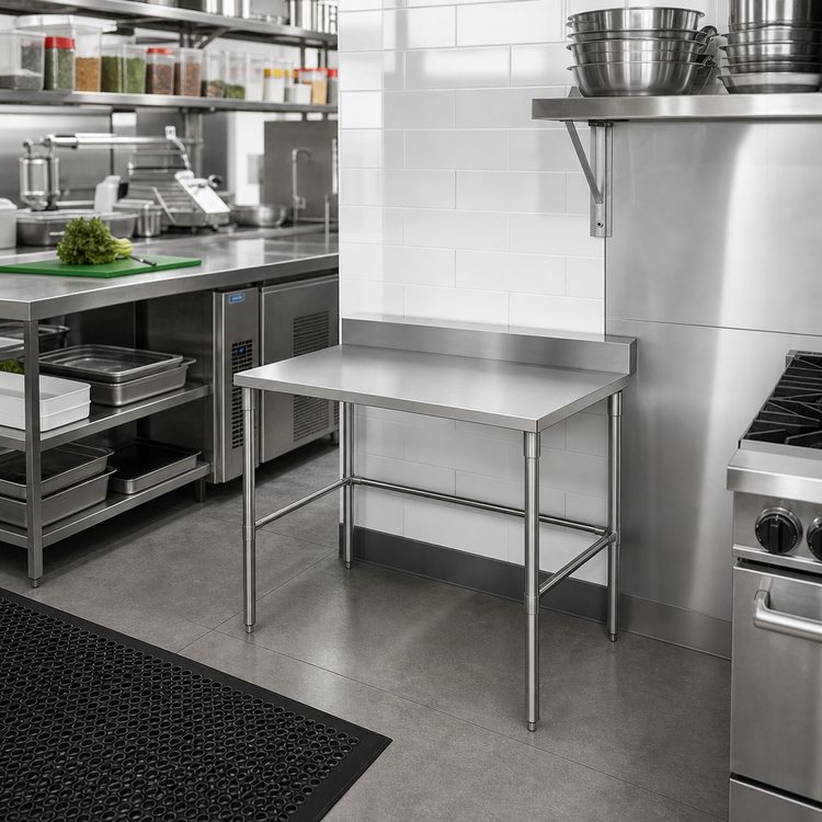 Product image #2 for Sapphire 30-Inch x 30-Inch Stainless Steel Corner Work Table with 5-Inch Backsplash and Open Base