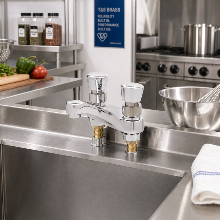 Product image #2 for T&S Brass Slow Self-Closing Metering Mixing Faucet, Deck Mount, 4-Inch Centers, 0.5 GPM