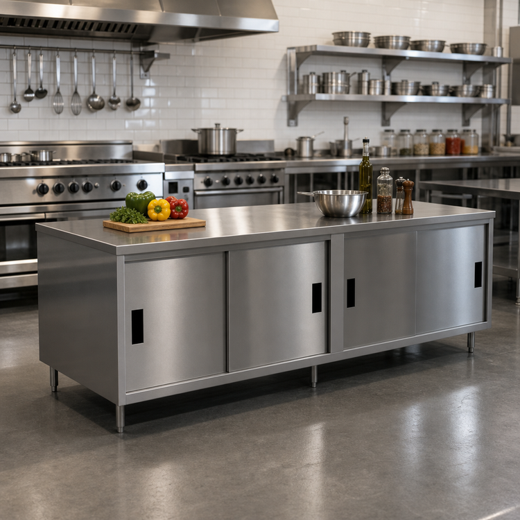 Product image #2 for 96-Inch Stainless Steel Chef Table Cabinet Base with Sliding Doors