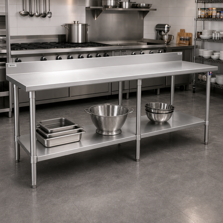 Product image #2 for John Boos Stallion 120" x 24" Stainless Steel Work Table with 5" Backsplash and Adjustable Undershelf