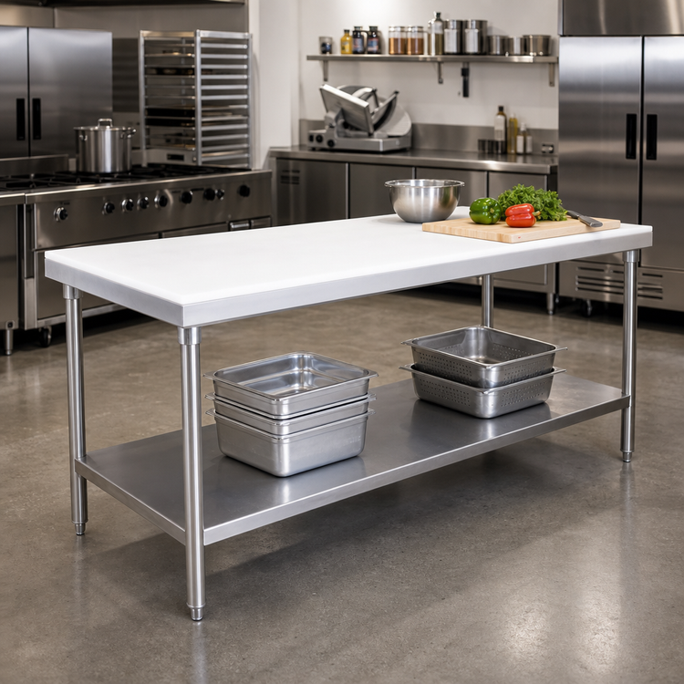 Product image #2 for Advance Tabco Poly-Vance 84-Inch x 24-Inch Poly Top Work Table with Adjustable Stainless Steel Undershelf
