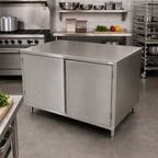 Thumbnail image #2 for BK Resources CST-3648H 48" x 36" Stainless Steel Chef Table with Cabinet Base, Hinged Doors, 14-Gauge Top, Flat Top
