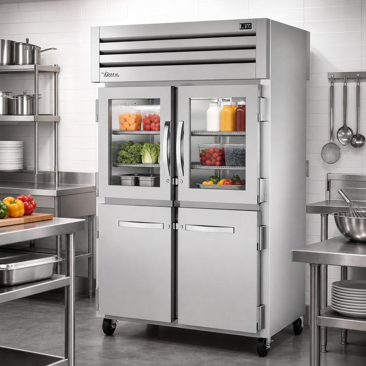 Product image #2 for True SPEC SERIES Two-Section Pass-Thru Reach-In Refrigerator with Glass and Stainless Half Front Doors and Stainless Rear Doors