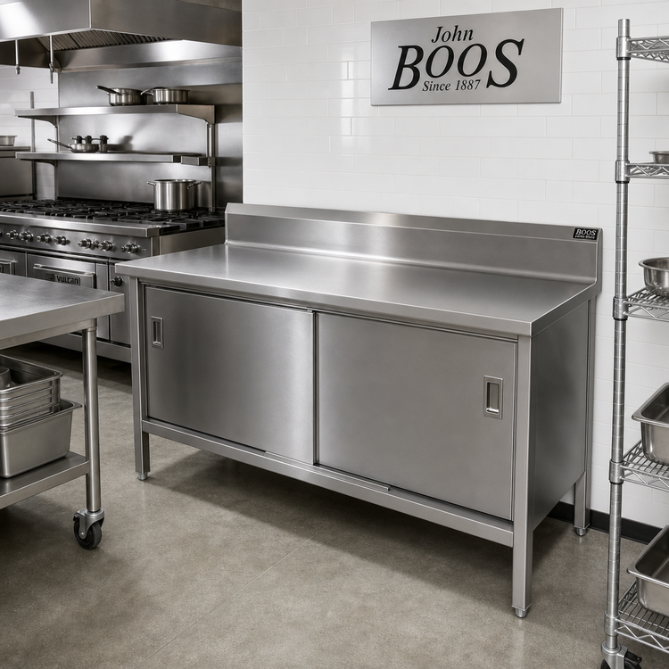 Product image #2 for John Boos Enclosed Stainless Steel Work Table with Sliding Doors, 144 x 24 Inches, 5-Inch Backsplash