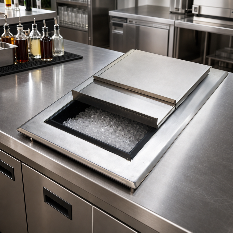 Product image #2 for BK Resources Drop-In Ice Bin with Sliding Cover, 48 x 20 x 12 Inches, 304 Stainless Steel, Without Cold Plate