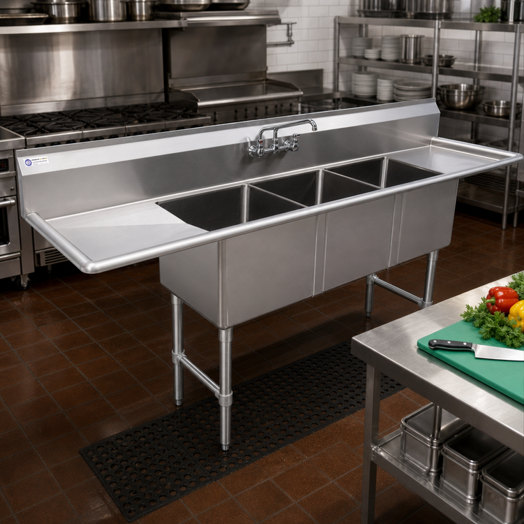 Product image #2 for Steel Works Stainless 3-Compartment Sink With Two 24-Inch Drainboards, 102-Inch Wide, 18-Gauge 304 Stainless Steel