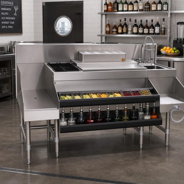 Product image #2 for Spec-Bar CCS-60-2-3VP 60-Inch Underbar Ice Bin/Cocktail Station with Blender Sink and Double Speed Rail