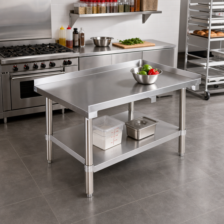 Product image #2 for 48-1/2 Inch x 30 Inch Stainless Steel Equipment Stand with 2 Inch Up-Turn and Adjustable Undershelf
