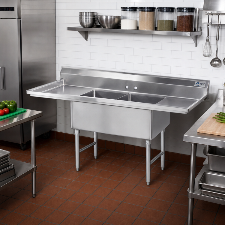 Product image #2 for Advance Tabco Fabricated 2-Compartment Stainless Steel Sink with Left and Right Drainboards, 24 x 24 x 14-Inch Bowls, 96-Inch Overall Length