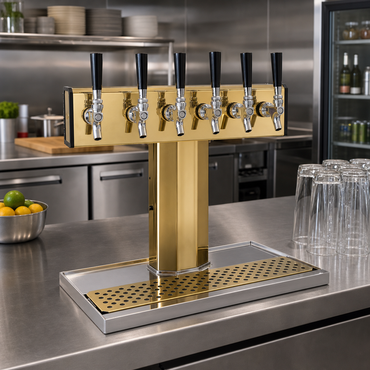 Product image #2 for Glastender BT-6-PBR Countertop Tee Draft Dispensing Tower, 6 Faucets, Glycol-Cooled, Polished Brass Finish